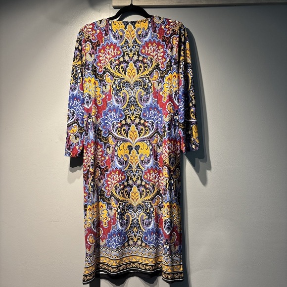 Talbots Jersey Paisley Blue Mustard Floral Shift Dress Stretch Elegant Career XL - Picture 2 of 7
